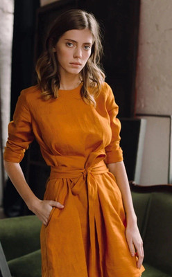 Niche Linen Audrey Dress Long Sleeve Tie Waist, Size Small