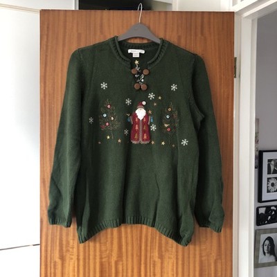 Christopher & Banks Weihnachtspullover Damen dunkelgrün Baumwolle bestickt L