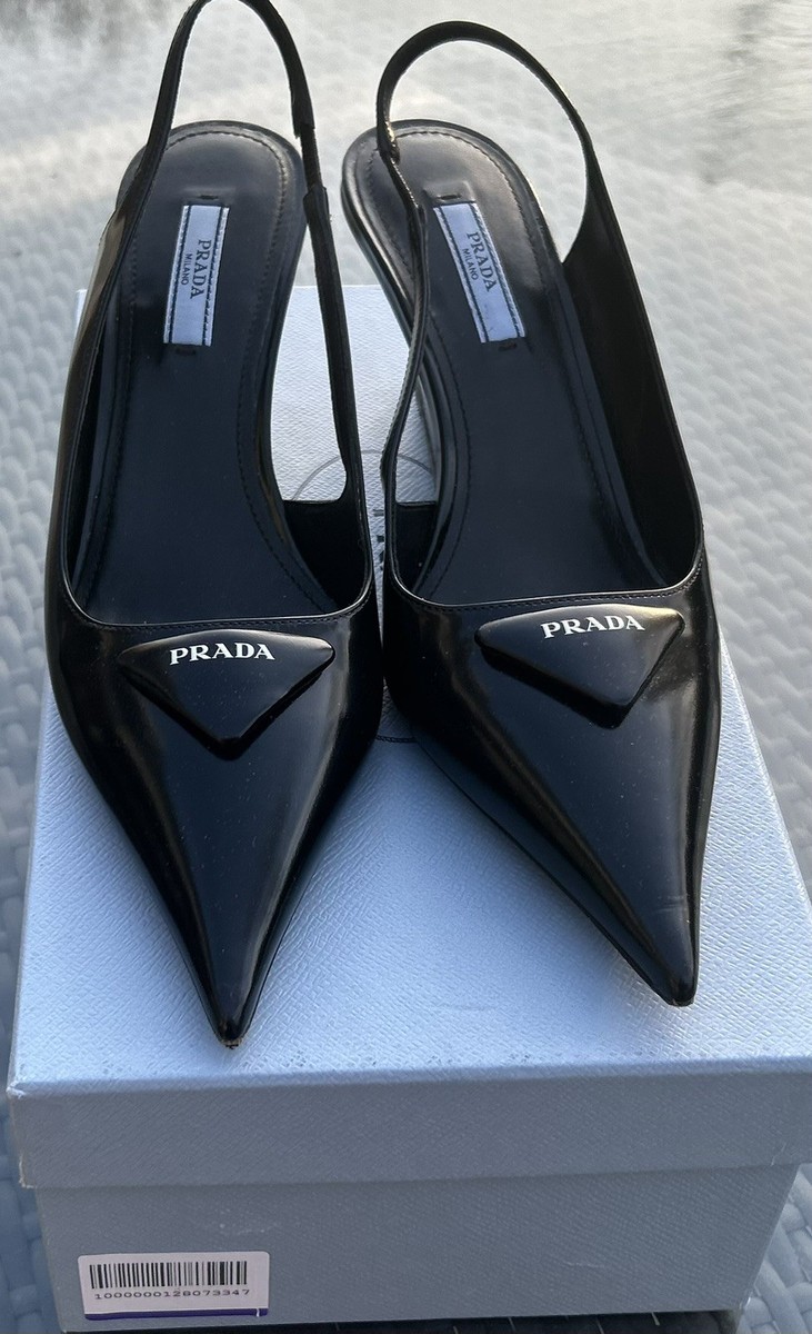 Prada Women Black Leather Logo Slingback Pump Heels Shoes Size EU