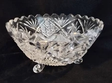 German Hand Cut 6" Round Crystal Bowl Scalloped Rim Pinwheel & Fan W/Foil Label