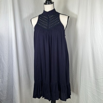 Band Of Gypsies Navy High Neck Crochet Crepe Gauze Dress Women s M Boho
