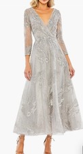 New Mac Duggal Beaded Floral A-Line Cocktail Dress In Silver Sz 16 $698