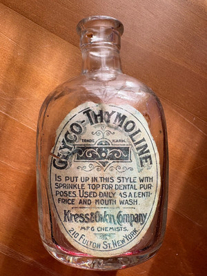 c. 1905 1915 Glyco-Thymoline Bottle Kress & Owen Co 210 Fulton St NY w/ Label