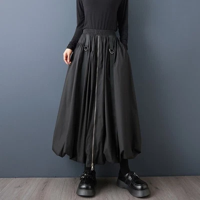 Damen Elastisch Hohe Taille Cargo Rock Mit Taschen Zip Quasten Ballonkleid - Bild 1 von 4