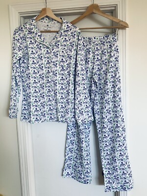 ANTHROPOLOGIE **Carmen Sleep Set** Pajama, Pima Cotton, White / Blue, Whimsy, XS