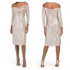Rene by Rene Ruiz Draped Cocktail Dress Champagne Metallic Size 12 Old Money