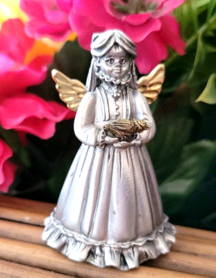 Angel Fairy Cuddling Bird Pewter Goldtone Wings Ruffled Dress Figurine Vintage