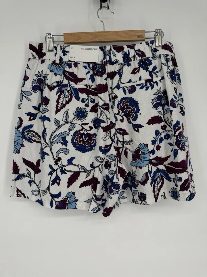 Pantalones Cortos Liz Claiborne Blanco Púrpura Azul Floral Lino/Rayón Talla 12 Nuevos con Etiquetas Org $44 Foto 2 de 4