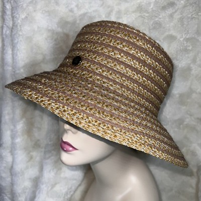 Eric Javits Striped Straw Squishee Bucket Hat Tans Silver Thread Packable UPF+50
