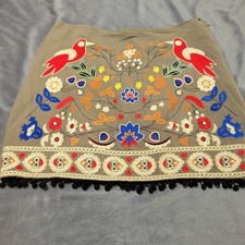 Altard State Skirt Womens Large Mini Green Linen Embroidered Bird Pompom Floral