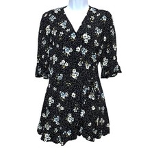 Loft Black Floral Polka Dot Wrap Skort Romper 0P Ruffle Bell Sleeve Classic Chic