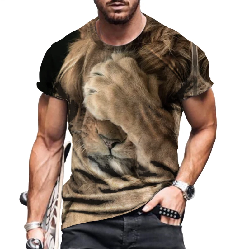 T-Shirt Men Brown Lion Fashion Graphic Short Sleeve StreetWear Casual Tee Shirts