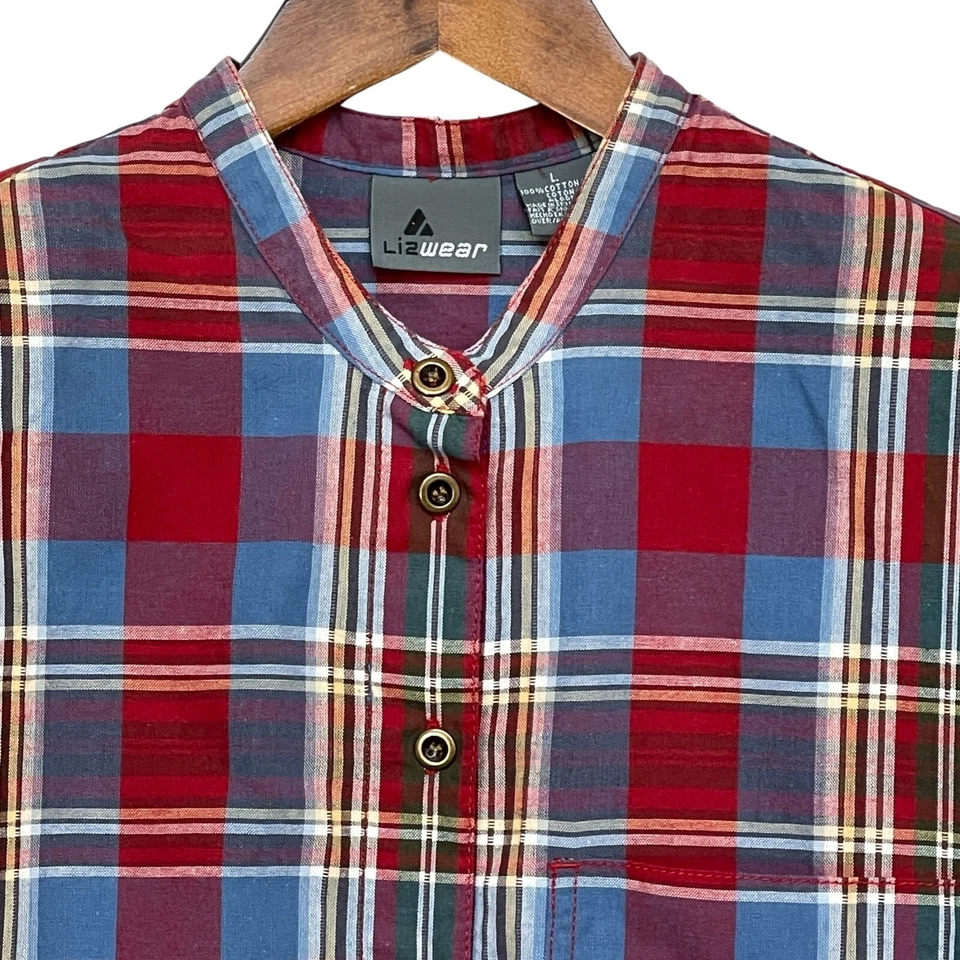 Lizwear Womens Button Up Top Size L Red Plaid 100% Cotton Long Sleeve Western - Image 3 of 4