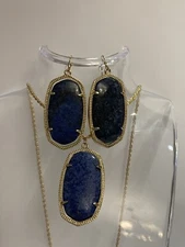 Blue galaxy necklace and earrings set with gold trim jewelry