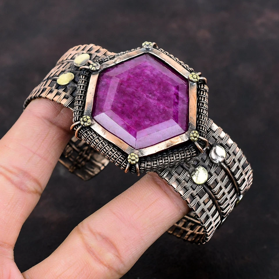 Gift For Women Jewelry Wire Wrapped Adjustable Cuff Copper Gemstone Handmade - Image 3 of 4