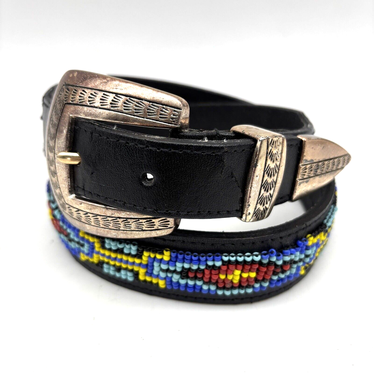 Vintage 90s Black Bonded Latigo Leather Southwestern Beaded Belt