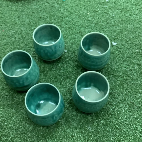 Vintage Handmade Studio Art Pottery Ceramic Cups Teacups Green Set Of 5