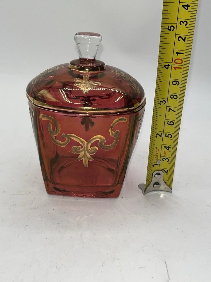 Vintage Gold Gilded Cranberry Naser al-Din Shah of Qajar Lidded Sugar Jar Dish - Image 2 of 4