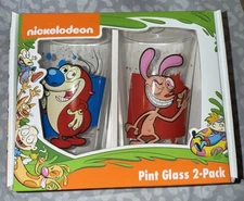 Nickelodeon Ren & Stimpy Pint Glass 2-Pack Set 16 oz Beer Cup Bar Drinkware.