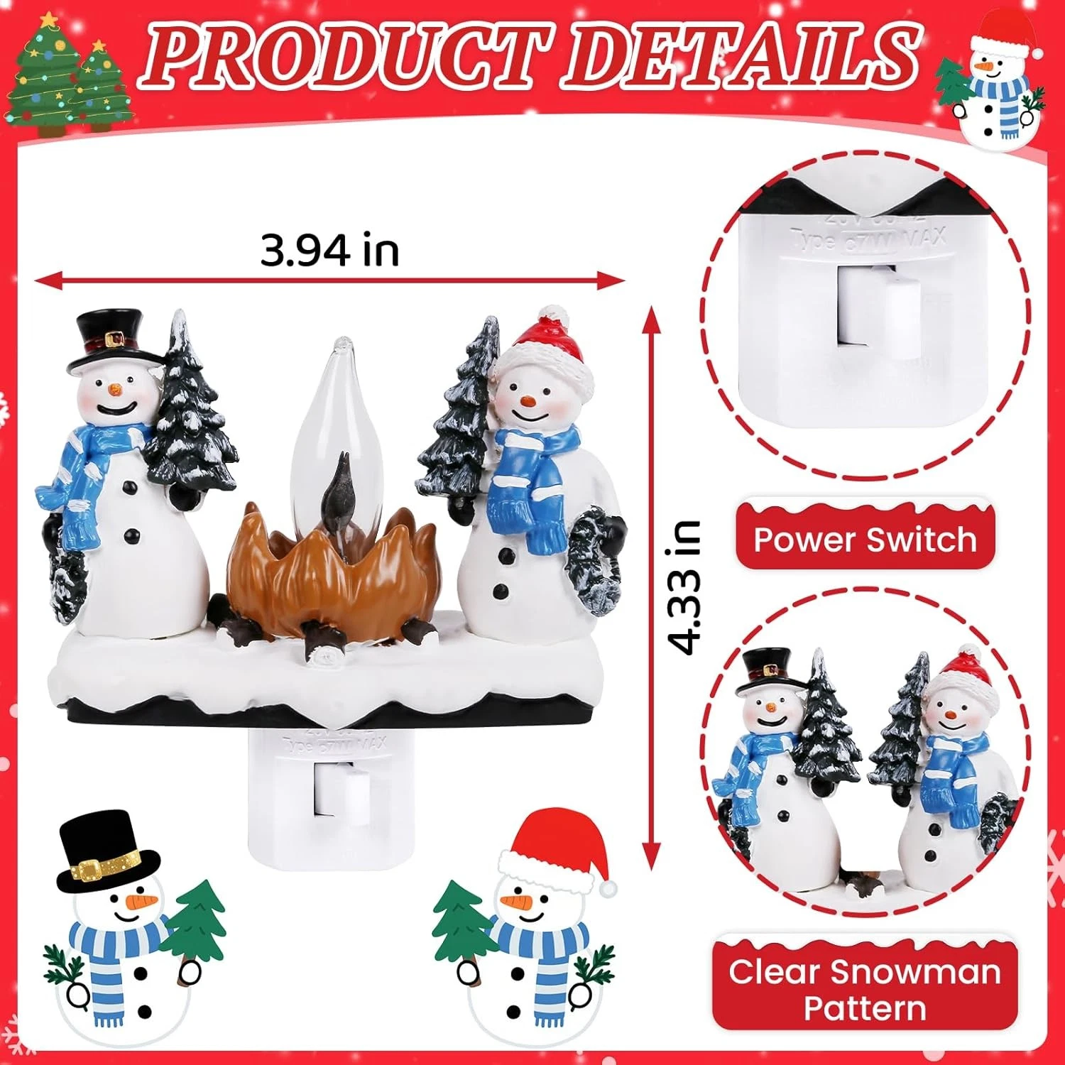 Christmas Snowman Night Light Plug-In, Flickering Flame Lamp for Indoor Holiday - Picture 2 of 6