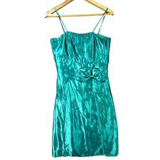 Gazdaly Collection Dress Women Medium Teal 80s Shiny Lace Up Back Party Cocktail