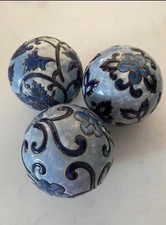 Carpet Balls Decorative Orbs Cobalt Blue and White Set Of 3 Large 4”