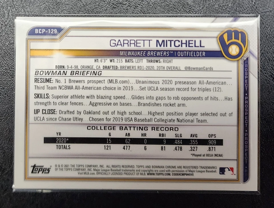2021 Bowman Chrome Green Diamond Refractor 99/99 Garrett Mitchell BCP-129 - Image 2 of 3