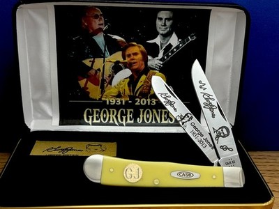New CASE XX George Jones Smooth Yellow Trapper Knife/ GJ 24k Gold Plate Shield.