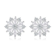 925 Sterling Silver Snowflake Earrings Stud with CZ Hypoallergenic Winter Snow J