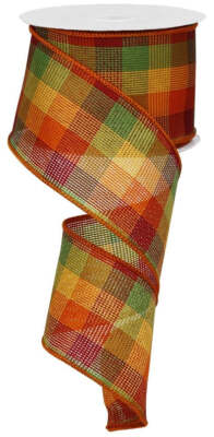 Woven Check Ribbon, Autumn, Orange/Burgundy/Tan/Moss, Wired Ribbon, 2.5'' Wide X 