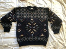Vintage Navy Blue Sweater with Geometric Designs