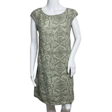 Lina Tomei Dress Women Medium Green Cream Geometric 100% Linen Shift Casual Work