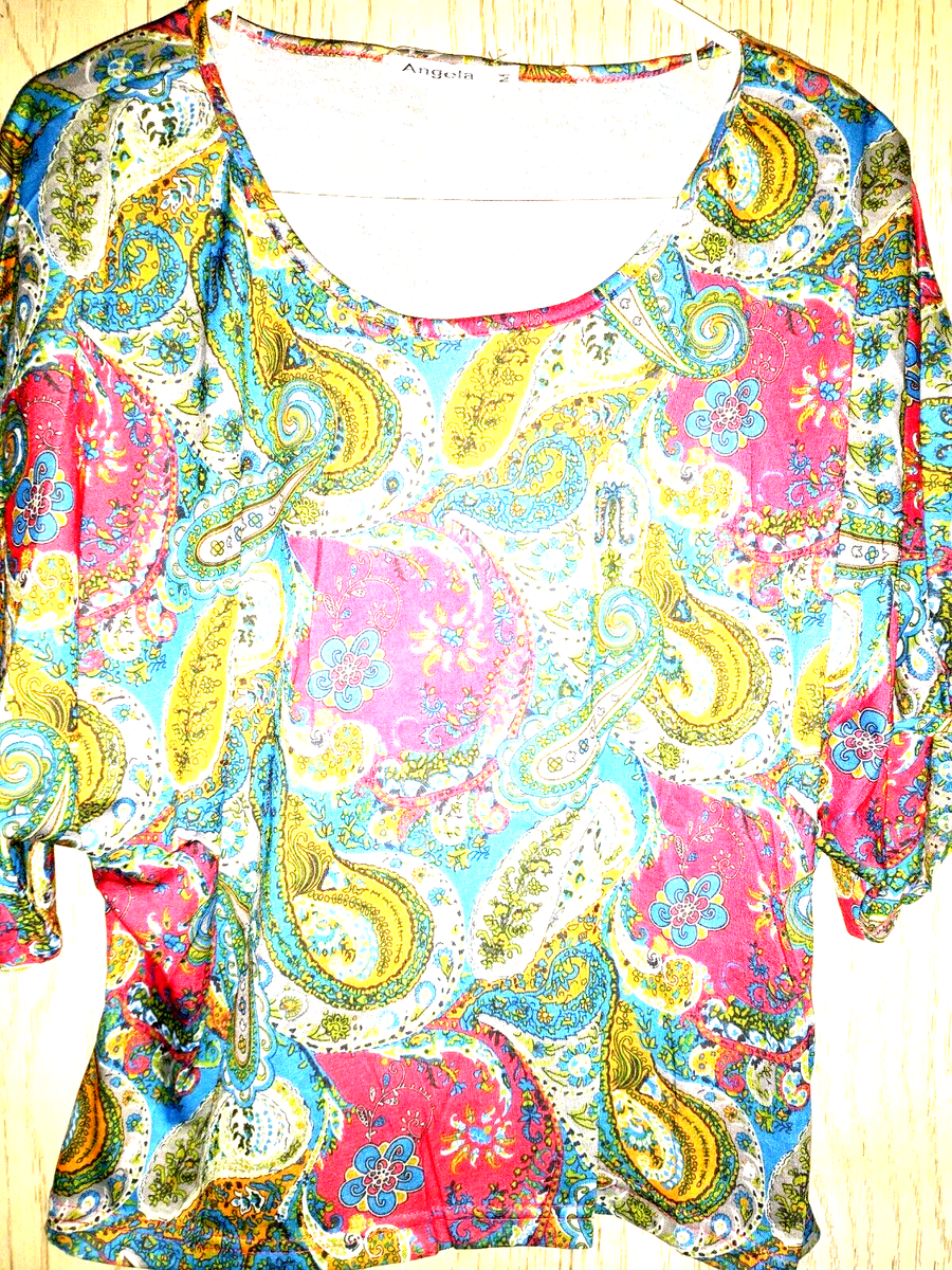 ANGELA ` Womens Multi Color Print~ Short Sleeved Top ~ Polyester