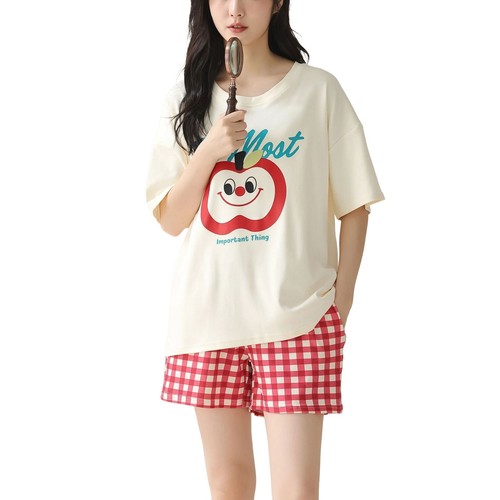 Women Cute Pajama Set Short Sleeve Crew Neck Shorts Summer Cartoon 2 Piece Pjs - Picture 51 of 92
