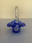 VTG FENTON Cobalt Blue Art Glass Basket, HANDPAINTED Magnolias, SIGNED 5"H