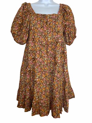 Womens Wild Fable Brown Floral Short Puff Sleeve Boho Hippie Babydoll Dress  XS