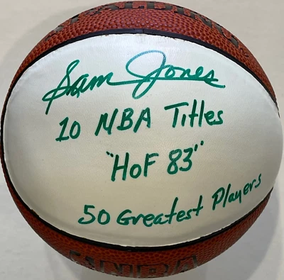 HOLLYWOOD COLLECTIBLES Sam Jones Autographed Spalding White Panel Mini Basketball