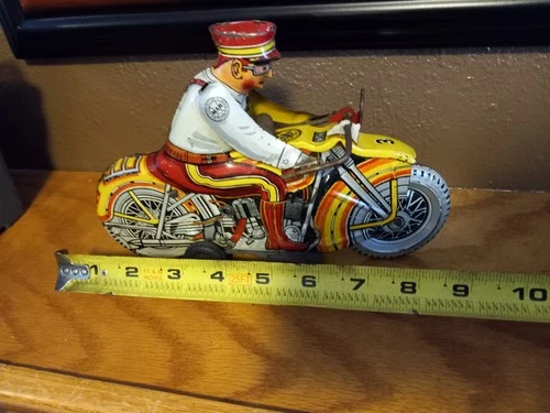 Louis Marx Co Vintage Tin Metal Police Cop Motorcycle Wind-Up Toy. 9 Inchs