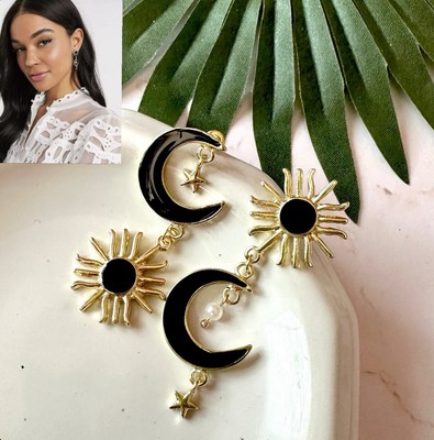 Celestial Sun & Moon Star Gold Tone Earrings Bohemian Boho Asymmetric Fairy NEW