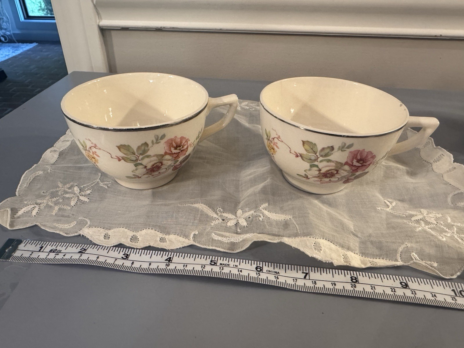 Set of 2 Vintage Porcelain Teacups Pink Rose Floral Design Silver Trim Tea Cups