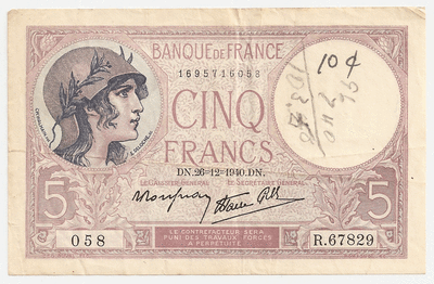 未使用 1944年 フランス 軍票 France 5 フラン francs 紙幣 5 Francs - Allied Military Currency - France – Numista