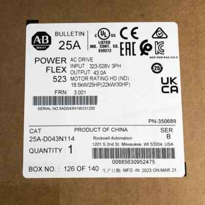 25A-D043N114 Allen-Bradley PowerFlex 523 22kW 30Hp AC Variable Frequency Drives