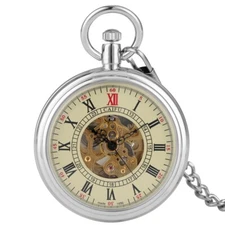 Silver Mens Pocket Watch Mechanical Hollow Dial Hands Chain Hand Winding Luxury
