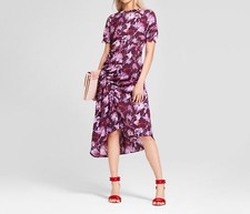 Who What Wear Women Short Sleeve Asymmetric Shirred Midi Dress Purple/Black NWT