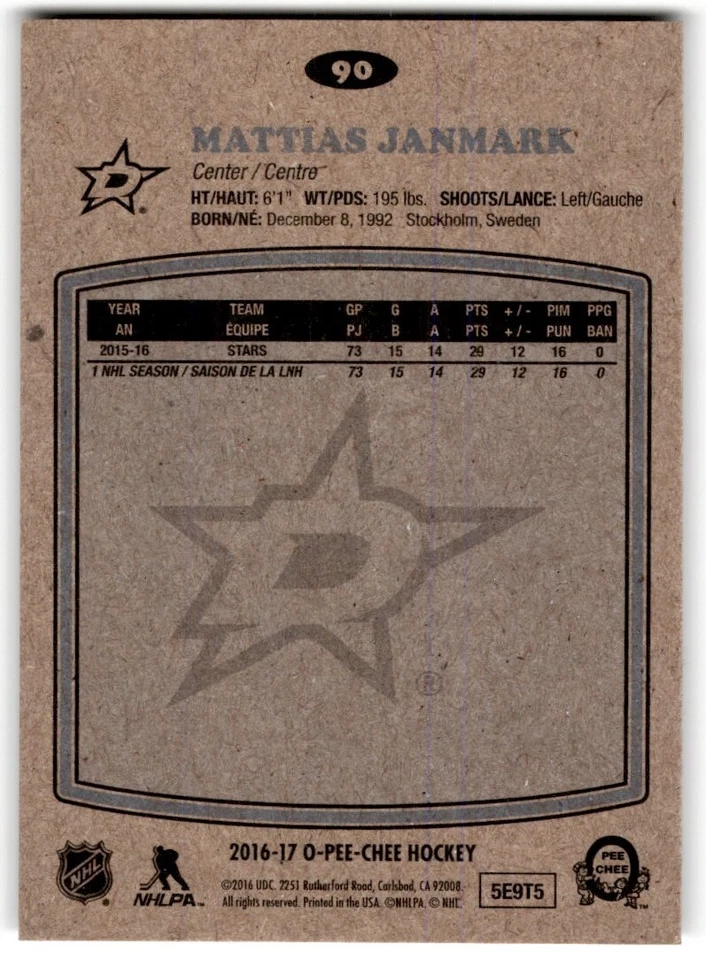 Mattias Janmark 2016-17 O-Pee-Chee Retro #90 Dallas Stars - Image 2 of 2