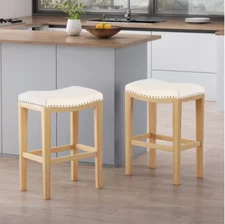 Maven Lane Adrien Backless Saddle Kitchen Stool, Natural Wood Finish, Set of 2