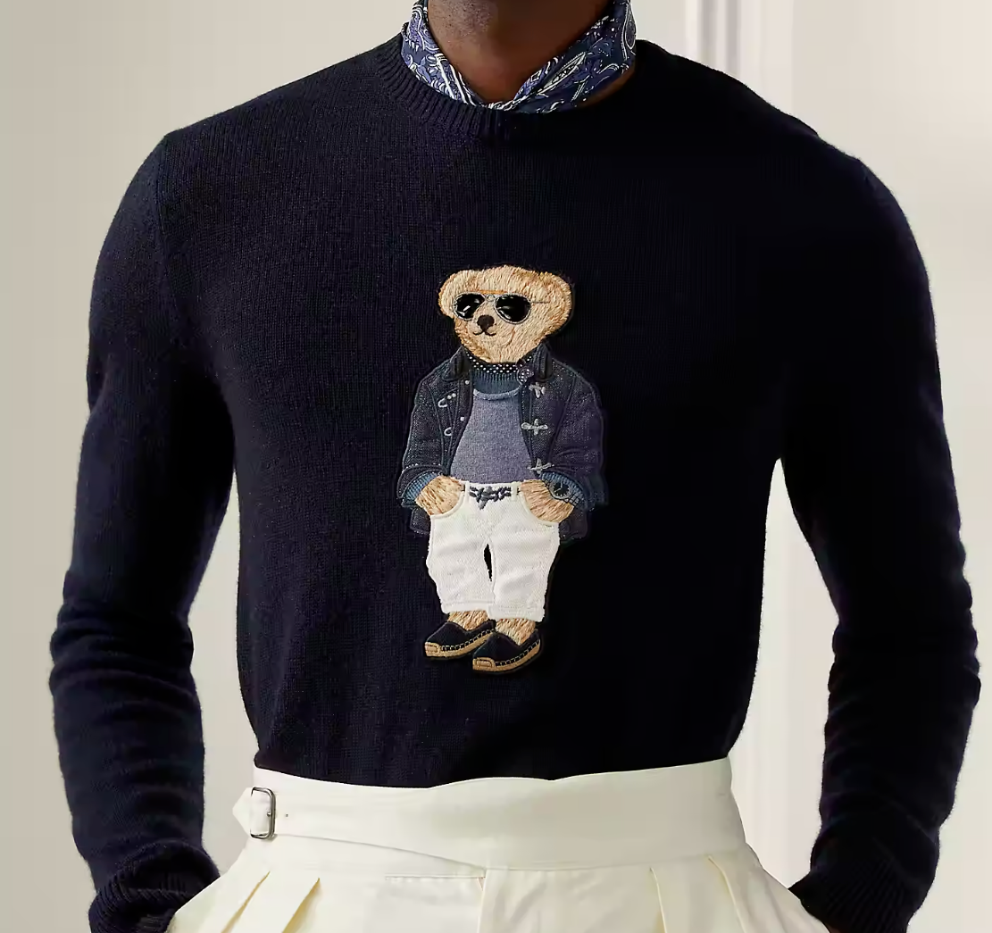 Ralph Lauren Purple Label Cashmere Navy Leather Sunglass Polo Bear Knit  Sweater