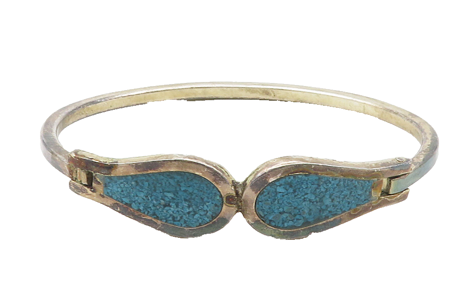 MEXICO 925 Silver Vintage Inlaid Crushed Turquoise Bangle Bracelet