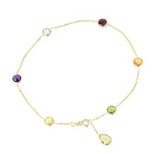 14K Yellow Gold Gemstone Anklet With A Lemon Quartz Pear Shape Drop 9 Inches