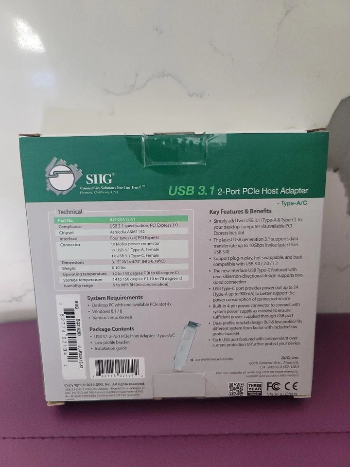 SIIG USB 3.1 2-Port PCIe Host Adapter Port Expansion Card - 2x USB Type-A 10GB/s - Image 2 of 2